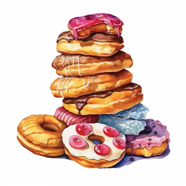watercolor various shaped doughnut handmade illustration with the image quality you love by mariela, in the style of watercolor landscapes, tony cragg, realistic impressionism, piles/stacks, highly detailed figures, archaeological object, zinaida serebriakova Clipart desert cartoon t-shirt graphic, vector,contour, isolated on a white background
