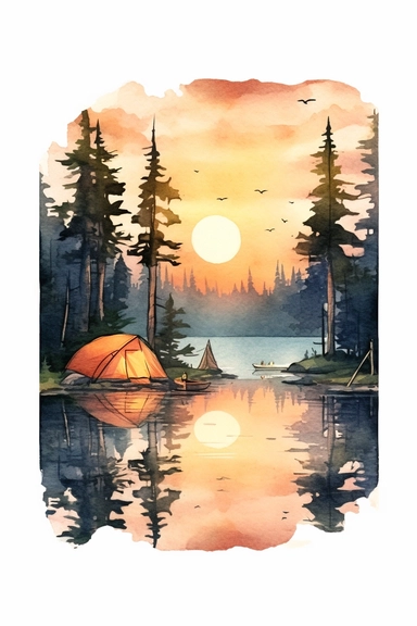 create a hand drawn watercolor clipart showcasing camping scene near lake, including tent, campfire, canoe, and serene water reflection, 4k,