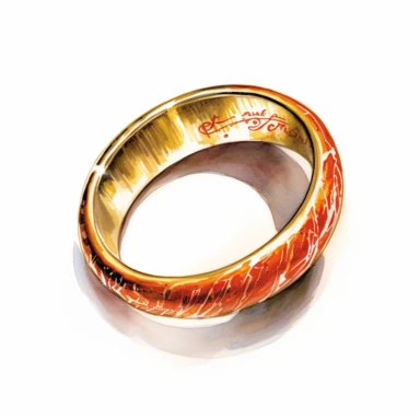 Solid white background, Detailed watercolor the one ring from lord of the rings clipart. The ring is glossy smooth solid reflective gold and the finely engraved elvish markings are glowing red hot as if from a forge