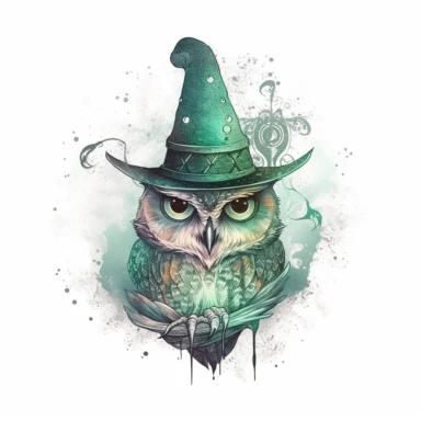 witch owl wearing a witch hat , in the style of mystic mechanisms ,pencil art illustrations, Isolated white background, reimagined by industrial light and magic, lith printing, illusory images, watercolor clipart, very subtle emerald tones, , ,