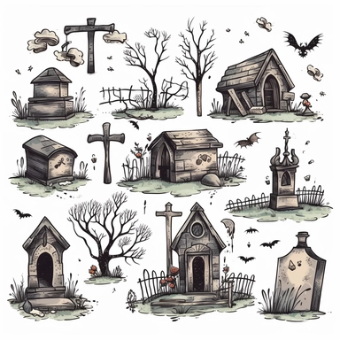 dreary cemetery things clipart on white background