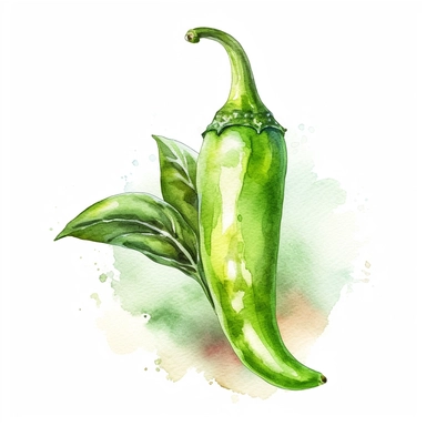 Watercolor clipart of Green chili pepper in the style of ethereal watercolor washes, strong watercolor paper texture,intuitive ink washes , multi-layered, lith printing, havencore, texture-based, isolated on white background