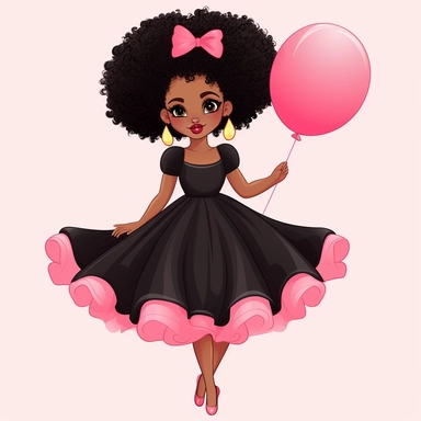 a cute Black woman with elegant pink dress and make up with balloon in hand, afro puffs, flat vector clipart