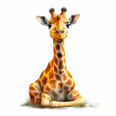 cute Giraffe Clipart sitting and smiling in the style of oil painting, on a white background