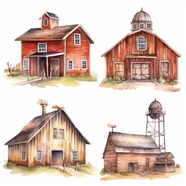 watercolor Old west style barns, illustrations clipart set, simple, , cartoon elements ,different variants , separate elements with a margin