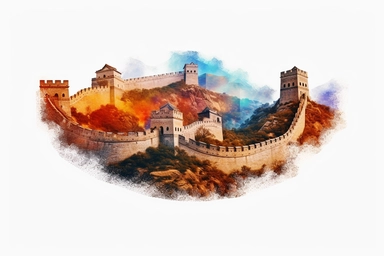 Watercolor, Great Wall of China, clipart, hd, on a white background, spaced out