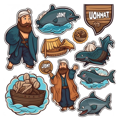 jonah and the whale from the bible. set of icons stickers. buttons. cartoon art. vector. high contrast. clip art. icon. sticker. white background.