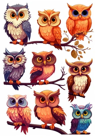 multiple cute owl clipart, whitebackground