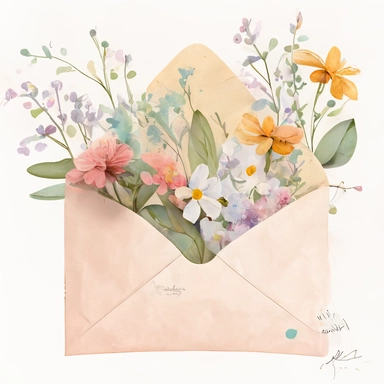 envelope full of spring flowers, light cheerful colors, disney style, kid illustration, watercolor, white background, clipart, CMYK,