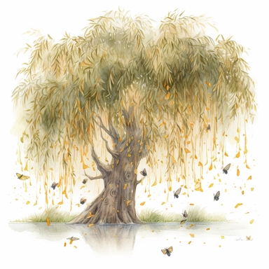 watercolor, hyper realistic, white background, white margins, 16k, ultra detailed clipart, cut out image, hand-drawn illustration style for picture books A group of fireflies flying around a weeping willow tree with golden leaves and a pale pink glow.