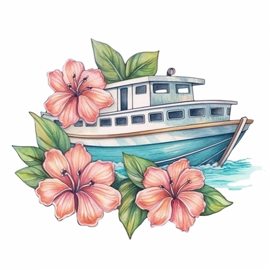 Pastel Cute Beautiful Hawaii Boat tropical flower Watercolor Sublimation Clipart,Cartoon, hyper realistic, intricate detail, illustration style,high solution,on the white background