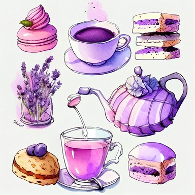 Draw a set of cartoon - style watercolor illustrations of a lavender - themed afternoon tea in shades of purple and pink. The images should have a elegant, refined, and sweet aesthetic, incorporating elements such as lavender - scented desserts, teas, and other culinary items such as macarons, scones, and a teapot. Individual images cliparts