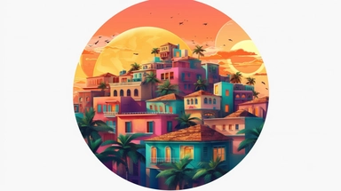 artwork for graphic logo design , majestic slum homes and flowers , sunset, summer, circle shape, movie camera, white background, colorful shades, highly detailed clean, vector image, photorealistic masterpiece, professional photography, realistic, flat white background, isometric, vibrant vector, clipart, illustration, realism, 4k