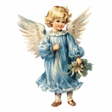 A little angel holding a wreath of pine cones.