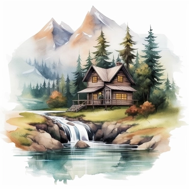 Watercolor Mountain far away, Forest House Near Creek Clipart