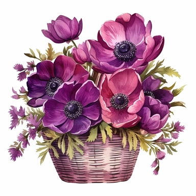 dark Magenta anemone flower bunch, watercolor, clipart, highly detailed, HD, flower bunch in a basket