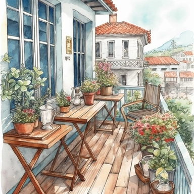 watercolor, hyper realistic, white background, white margins, 16k, ultra detailed clipart, cut out image, hand-drawn, whimsical manhwa style, ultra HD, sharp and clean art A cozy balcony with a small wooden table and chairs, surrounded by potted plants and blooming flowers, overlooking a garden.