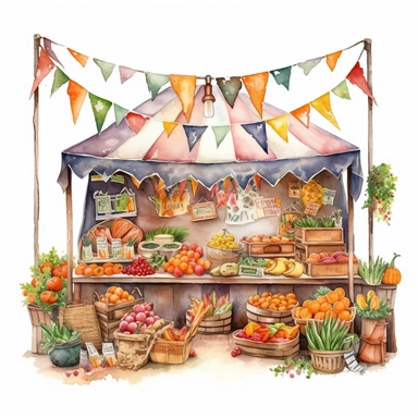 watercolor, hyper realistic, white background, white margins, 16k, ultra detailed clipart, cut out image, hand-drawn, whimsical a charming market stall filled with fresh fruits, vegetables, and flowers, adorned with colorful bunting flags. Warm Tones of Orange, Yellow, and Green