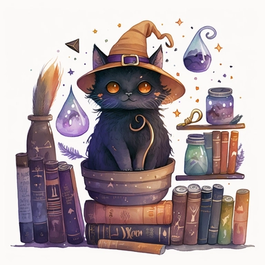 Watercolour cute black witches cat, wearing a witch hat, clipart. The cat is sitting on a bookshelf, surrounded by books and potions. Its fur is a mix of black and orange shades, and its eyes are looking directly at the viewer. The witch hat has a purple ribbon, and the cat is holding a feather quill in its paw. The bookshelf is in a dark, candlelit room, with cobwebs and a cauldron in the corner. The books have titles like The Art of Witchcraft and Magical Potions and Spells. The potions on the