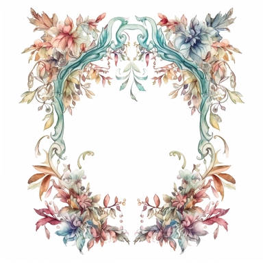 Enchanting Hand-Drawn Baroque Frames: A Whimsical, Floral Fantasy - Digital Clipart with Ornate Leaves and Delicate Watercolor Borders, isolated on a white background, single design, 4k