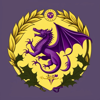 illustration of a dragon, breathing fire, slavic, yellow, purple, authoritarian, authoritarian imagery, authoritarian iconography, icon, emblem, coat of arms, laurel, star, r/vexillology, vexillology, clipart, simple, art, 2d, flat