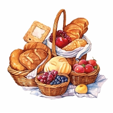 watercolor various breads on a white background with basket baskets full, in the style of grandparentcore, light maroon and light gold, poignant, loose gestures, made of all of the above, radiant clusters, folk/naïve Clipart desert cartoon t-shirt graphic, vector,contour, isolated on a white background