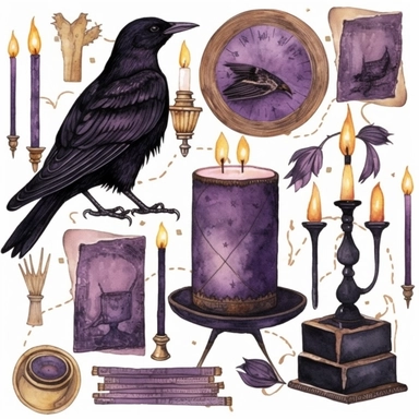 a crow with candles and tarot cards, an art piece and some watercolor, in the style of wallpaper, gothic aesthetic, dark-purple and gold, isolated, magical, witchcore, animal figurines clipart white background