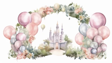 watercolour illustration, jungle smash pastel pink princess themed scene, pastel roses balloon arch, fairy tale, fairy tale pink jungle, leaves and balloons, clipart, sublimation graphics, by Beatrix Potter, watercolour clipart, unique design, print on demand image, transparent PNG background, white background, 8k