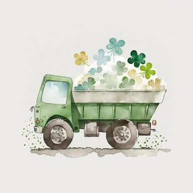 cute adorable DUMP TRUCK full of shamrocks, clear white background, handrawn watercolor graphic clipart, cute Children's Drawing