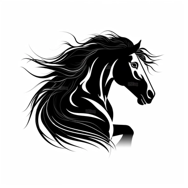 Clip Art, 2d, Flat Vector, BLACK ARABIAN Breed Horse With WHITE Extremely long thick Mane LOGO on White Background, NO TEXT, NO WATERMARK,
