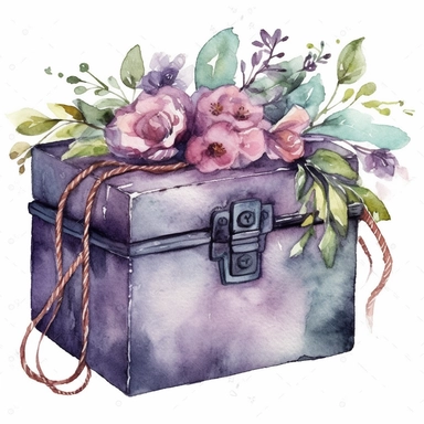watercolor clipart of beautiful pastel old metal box wrapped with cord and purple flower ornaments ornament, vintage styl