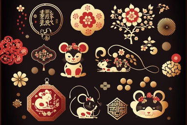 chinese new year design element set rat mouse fireworks cloud lantern flower blossom plum red gold gold coin zodiac signs symbol animal happy 2023 holiday lunar japanese korean vietnamese style traditional geometric text isolated clip art collection bundle silhouette hand-drawn art vector illustration graphic print concept flat line realistic high quality detailed