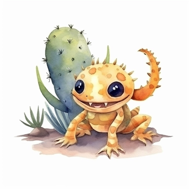 a baby scorpion with cute big eyes, happy smiling face, cute animal, adorable, playful atitude, adorable watercolor animal clipart with a few cactus and sand decor, no background, high quality