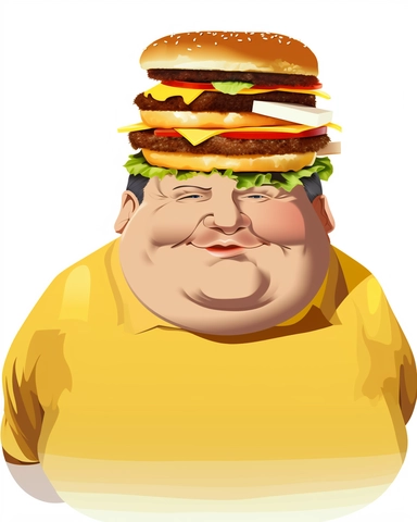 imagine a fat American man made out of McDonalds cheeseburgers, clipart illustration, clear, crisp, smooth, with white background