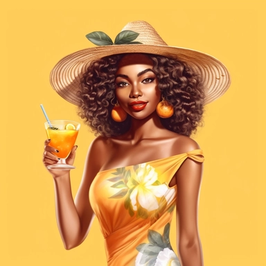 pretty black girl, Sun Straw Hat Wide Brim Summer Hat Foldable Roll up Floppy Beach Hats, pretty, holding a cocktail drink, yellow outfit, 4k, hd, clipart