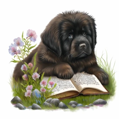 A Newfoundland puppy reads a book called Loyalty on a rock amidst flowers and grass clipart