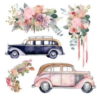 Wedding transportation, such as limousines, vintage cars, watercolor png clipart on a white background
