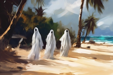 realistic clipart ghosts on the tropical beach, digital painting