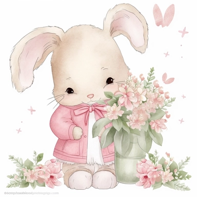 a shy baby Bunny with Flowers Clipart, Peter rabbit, wearing pink coat covered in flowers, Nursery summer Clipart, Easter Clipart, summer Bunny, Crafting Digital Paper, Mother’s Day, white background