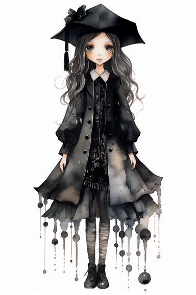watercolor mixed media goth steampunk girl entire body in goth steampunk graduation dress illustration clipart by holly hobbie