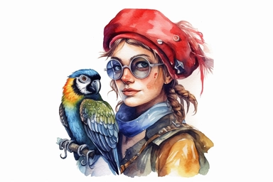 Watercolor, Design a cartoon character dressed as a pirate, with an eye patch and a parrot on the shoulder, depicting a female pirate clipart, hd, on a white background, spaced out