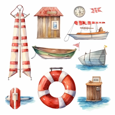Watercolor beach lifesaver and lifeguard, illustrations clipart set, simple, , cartoon elements ,different variants , separate elements with a margin, wooden and plastic elements elemets, helicopter, lifesaver boat, jetski ,4k, high resolution