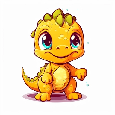 yellow dinosaur, large eyes, clipart for kids, cute, use of fabric, white background, vector, flat colors, for kids, simple , in the style of 2d game art, charming character illustration, cute cartoonish desig