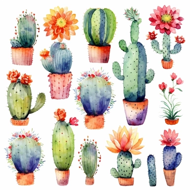 Boho Cactus Watercolor Cliparts, high definition 8k , illustration, sublimation, white background for removing background