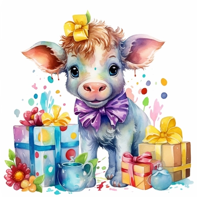 please create watercolor clipart of a baby cow, smiling, wearing party clothes with birthday presents, vibrant colors, intricate details, isolated on white background, vivid colors, hdr, 8k