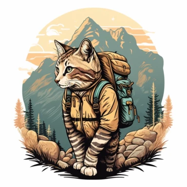 A clipart illustration of a cat hiking in the mountains. The cat wears a warm jacket and carries a backpack on its back. Its facial expression reflects the feeling of joy and adventure, as it enjoys the breathtaking views of the mountains and nature.