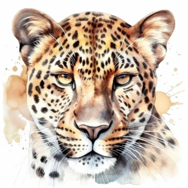 african leopard front face, clipart, isolated on white background, watercolor drawing, photo-realistic techniques