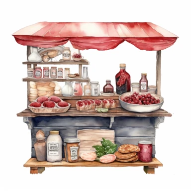 hand drawn ROADSIDE STAND WITH STRAWBERRY JAM AND COUNTRY HAM leg , very detailed and realistic , watercolor, white background with margins, clipart style