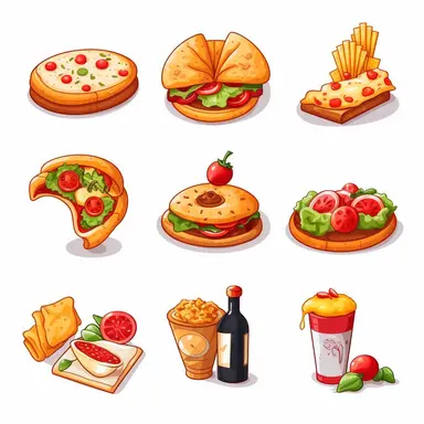 Design a clipart set that depicts various savory food items such as pizza, burgers, tacos, sandwiches, pasta, and other delicious snacks and meals. Include additional elements such as plates, utensils, and napkins to highlight the serving aspect of the food. Produce images of the food in various angles and styles to show the texture, such as the melted cheese on pizza, or dripping sauce from tacos.