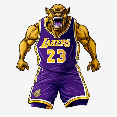 Original LA lakers, Lebron as funny animals playing basketball. Comic Design 3d clipart with black contours. White background